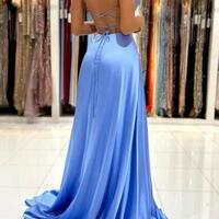 Simple V-neck Spaghetti Straps Long Blue Satin Prom Dresses With Slit - Thumbnail 1