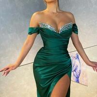 Off-the-shoulder Dark Green Sexy Sleeveless Satin Prom Dresses with Ruffles - Thumbnail 1