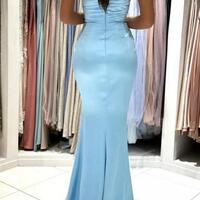 Simple Sky Blue Off-the-shoulder Sleeveless Evening Dresses With Slit - Thumbnail 1