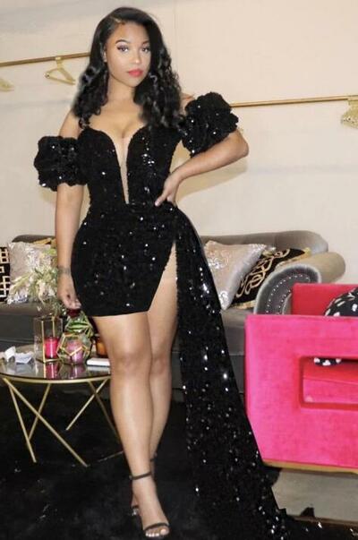 Off-the-Shoulder Black Sequins Short Prom Dresses