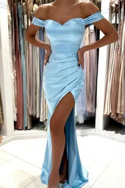 Simple Sky Blue Off-the-shoulder Sleeveless Evening Dresses With Slit