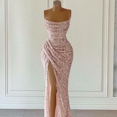 Gorgeous straps charming pink sequined sleeveless prom dress with slit - Thumbnail 3
