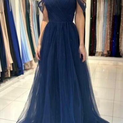 Elegant off-the-shoulder a-line navy blue tulle sleeveless prom dresses - Thumbnail 1
