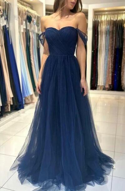 Elegant Off-the-shoulder A-line Navy Blue Tulle Sleeveless Prom Dresses