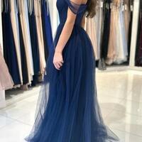 Elegant Off-the-shoulder A-line Navy Blue Tulle Sleeveless Prom Dresses - Thumbnail 1