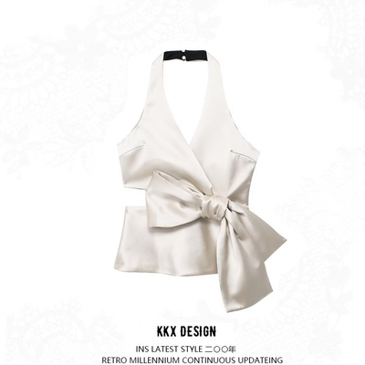 Bow-detailed satin halterneck top