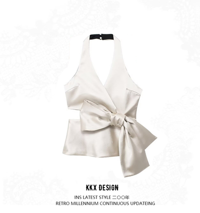 Bow-detailed satin halterneck top