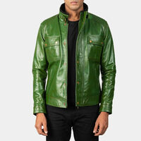 Men's Leather Jacket Genuine Lambskin Distressed Green Biker Leather Jacket - Thumbnail 1