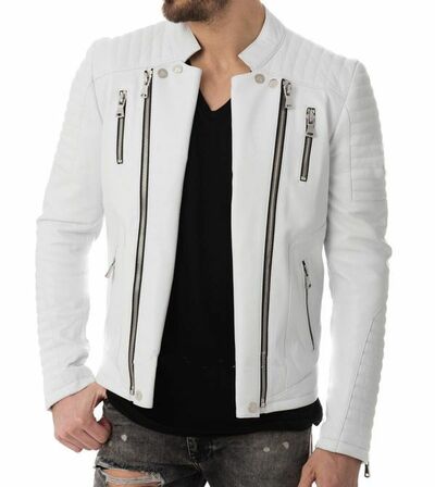 New Men's Geniune Lambskin Leather Whiter Jacket Biker Motorcycle