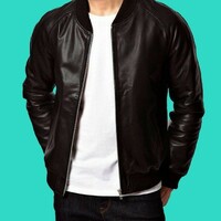 Men's Black Leather Jacket Biker Bomber Motorcycle Lambskin Jacket - Thumbnail 1