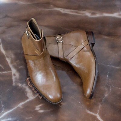 Handmade men's brown leather boot, jodhpur ankle high buckle boot