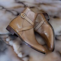 Handmade Men's Brown Leather Boot, Jodhpur Ankle High Buckle Boot - Thumbnail 1