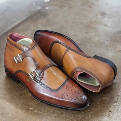 Handmade men's two tone burgundy leather shoes ,brogue toe double buckle shoes