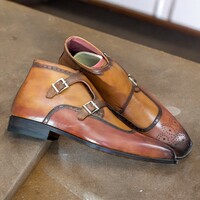 Handmade Men's Two Tone Burgundy Leather Shoes ,Brogue Toe Double Buckle Shoes - Thumbnail 1
