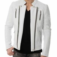 New Men's Geniune Lambskin Leather Whiter Jacket Biker Motorcycle - Thumbnail 4