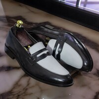 Handmade Men's Black and White Leather Shoes ,Penny Loafer  Dress Shoes - Thumbnail 2
