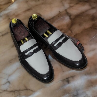 Handmade men's black and white leather shoes ,penny loafer  dress shoes