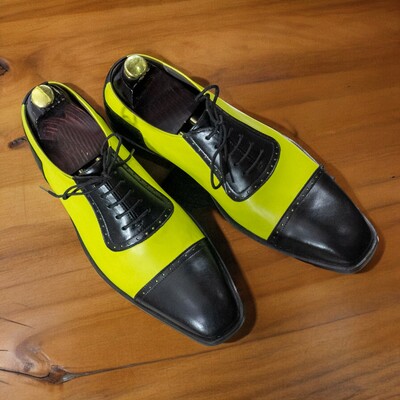Handmade Men's Black and Sea Green Leather Shoes ,Lace Up Cap Toe Shoes