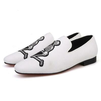 New handmade men's white velvet silk skeleton embroidered custom loafer