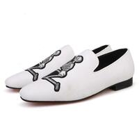 New Handmade Men's White Velvet Silk Skeleton Embroidered Custom Loafer - Thumbnail 1