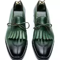 Handmade Men Green Slip on Shoes with Fringes, Men Black Formal Dress shoes - Thumbnail 4