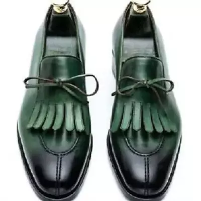 Handmade men green slip on shoes with fringes, men black formal dress shoes