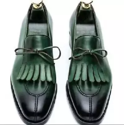 Handmade Men Green Slip on Shoes with Fringes, Men Black Formal Dress shoes