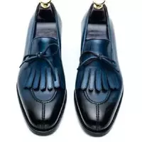 Handmade Men Blue Slip on Shoes with Fringes, Men Blue Formal Dress shoes - Thumbnail 4