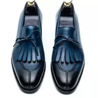 Handmade men blue slip on shoes with fringes, men blue formal dress shoes