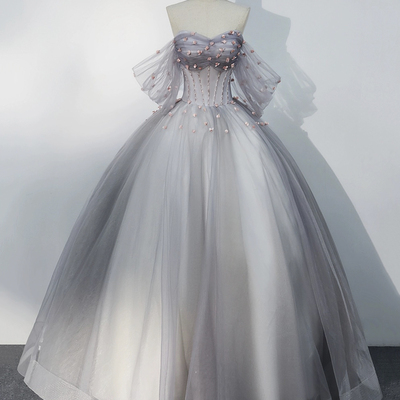 Gray tulle floor length prom dress - Thumbnail 1