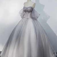 Gray Tulle Floor Length Prom Dress - Thumbnail 1