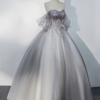 Gray Tulle Floor Length Prom Dress - Thumbnail 2
