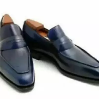 Handmade men's leather loafers & slip ons blue stylish classic formal shoes