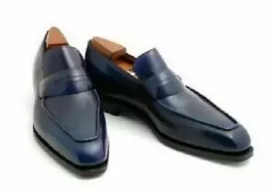 Handmade Men's Leather Loafers & Slip Ons Blue Stylish Classic Formal Shoes
