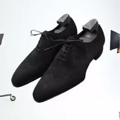 Handmade men black suede wingtip shoes, black formal shoes, men's shoes