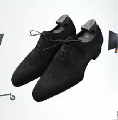 Handmade Men Black Suede Wingtip Shoes, Black Formal Shoes, Men's Shoes