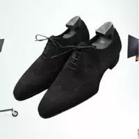 Handmade Men Black Suede Wingtip Shoes, Black Formal Shoes, Men's Shoes - Thumbnail 1