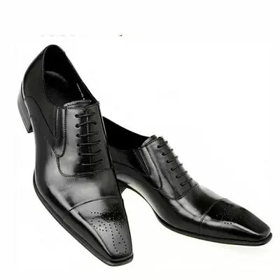 Mens handmade shoes black leather oxford brogue toe cap lace-up formal wear boot