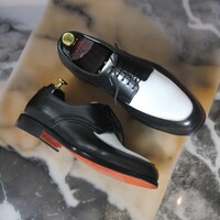 Handmade Men's Black and White Leather Shoes ,Lace Up dress Shoes - Thumbnail 1