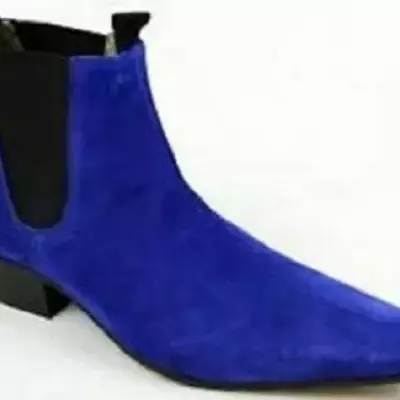 Mens handmade boots royal blue suede chelsea formal wear casual shoes