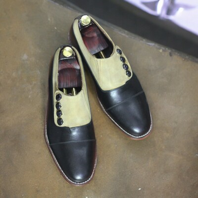 Handmade men's black and sea green leather and suede shoes ,side button cap toe shoes