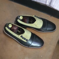 Handmade Men's Black and Sea Green Leather and Suede Shoes ,Side Button Cap Toe Shoes - Thumbnail 1