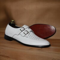 Handmade Men's White Leather ,Side Double Buckle Dress Shoes - Thumbnail 1