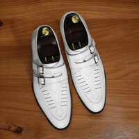 Handmade Men's White Leather ,Side Double Buckle Dress Shoes - Thumbnail 2