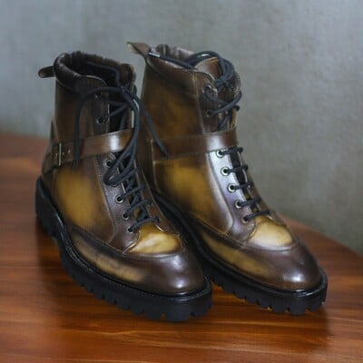 Handmade men's two tone brown leather boot ,ankle high lace up buckle boot