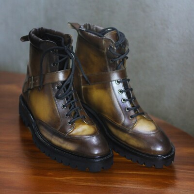 Handmade Men's Two Tone Brown Leather Boot ,Ankle High Lace Up Buckle Boot