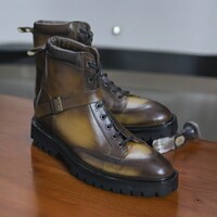 Handmade Men's Two Tone Brown Leather Boot ,Ankle High Lace Up Buckle Boot - Thumbnail 1