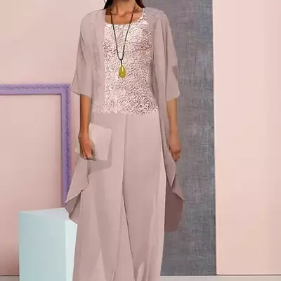 Mother's pants suit three pieces scoop neck lace chiffon long mother of the bride dress wedding party guest gowns
