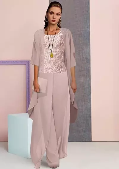Mother's Pants Suit Three Pieces Scoop Neck Lace Chiffon Long Mother of the bride Dress Wedding Party Guest Gowns
