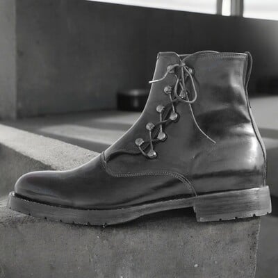 Handmade men's black leather boot ,lace up ankle high boot